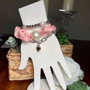 Large Faux Pearl and Heart Bracelet Set